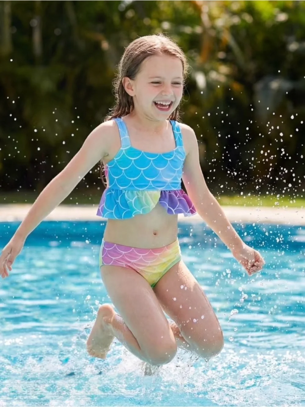 Girls size 5-6 Rainbow Mermaid Tail Swimsuit Set - Multicolor